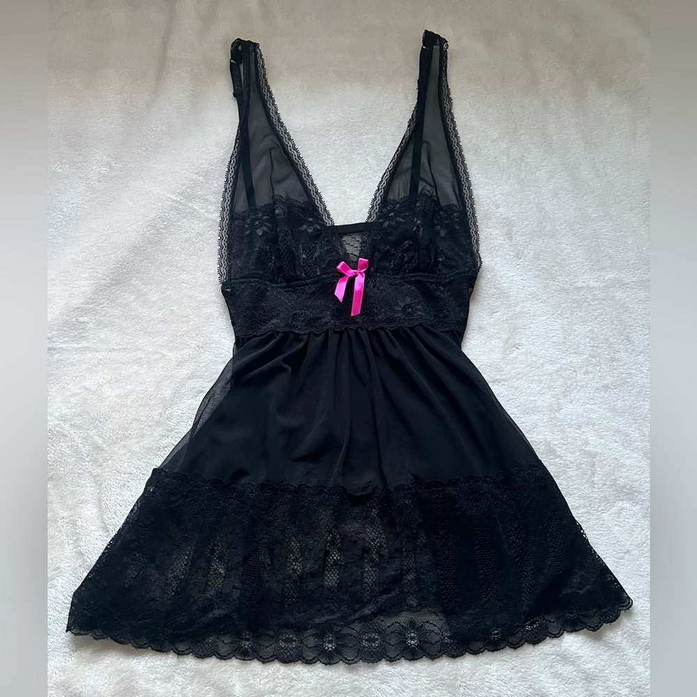 Seven 'til Midnight Black Lace Babydoll Lingerie 2 Piece Set